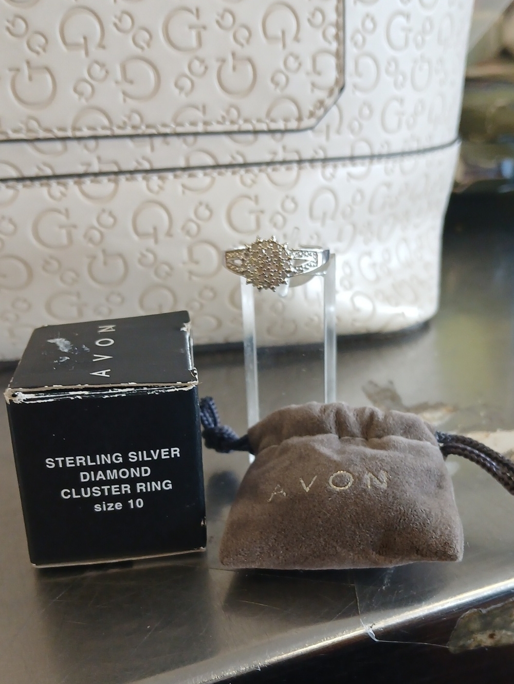 Avon Sterling Silver Ring with White Diamond Cluster